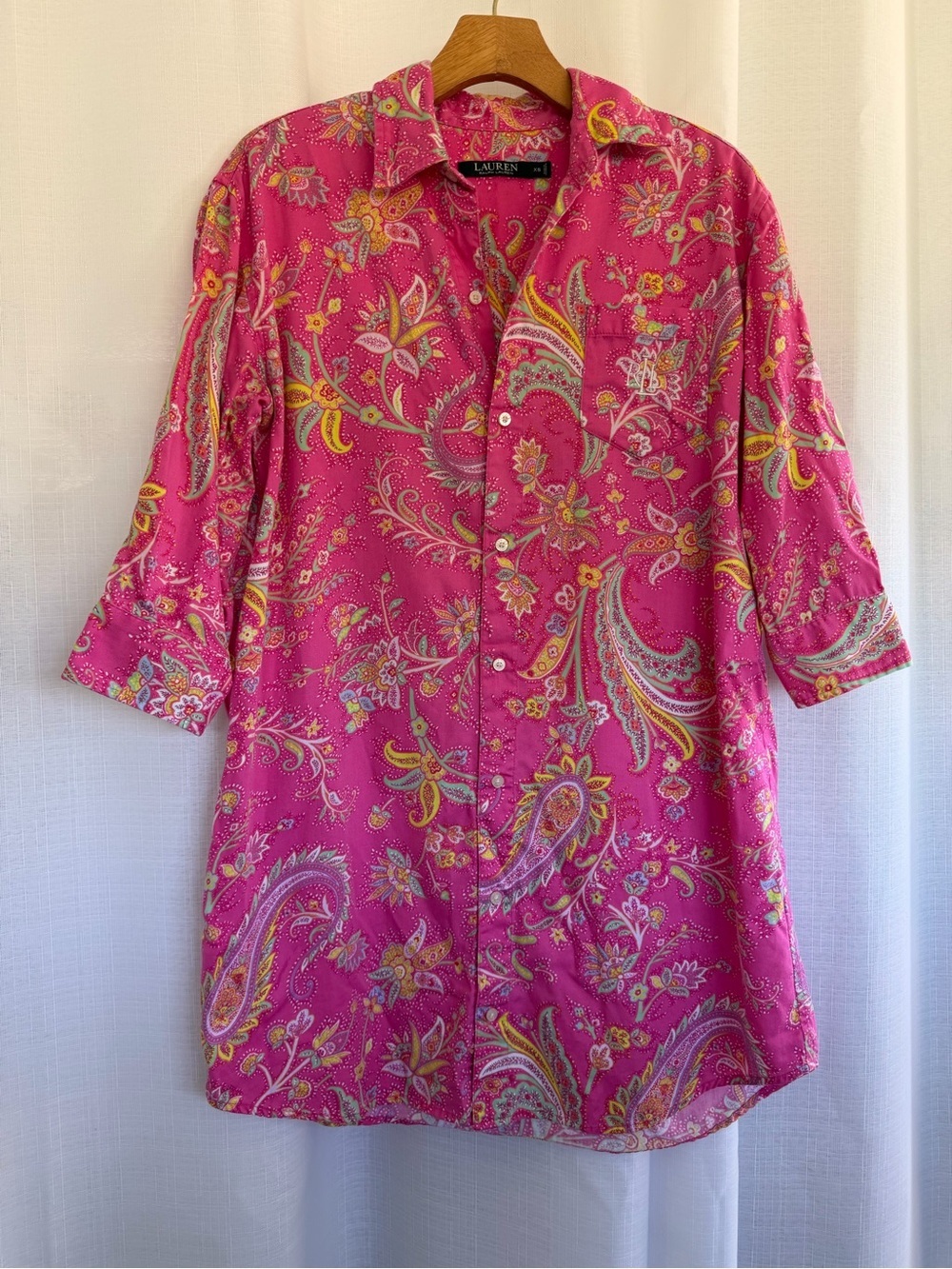 Lauren Ralph Lauren Pink Paisley Cotton Tunic Top XS Preppy Coastal Button Front